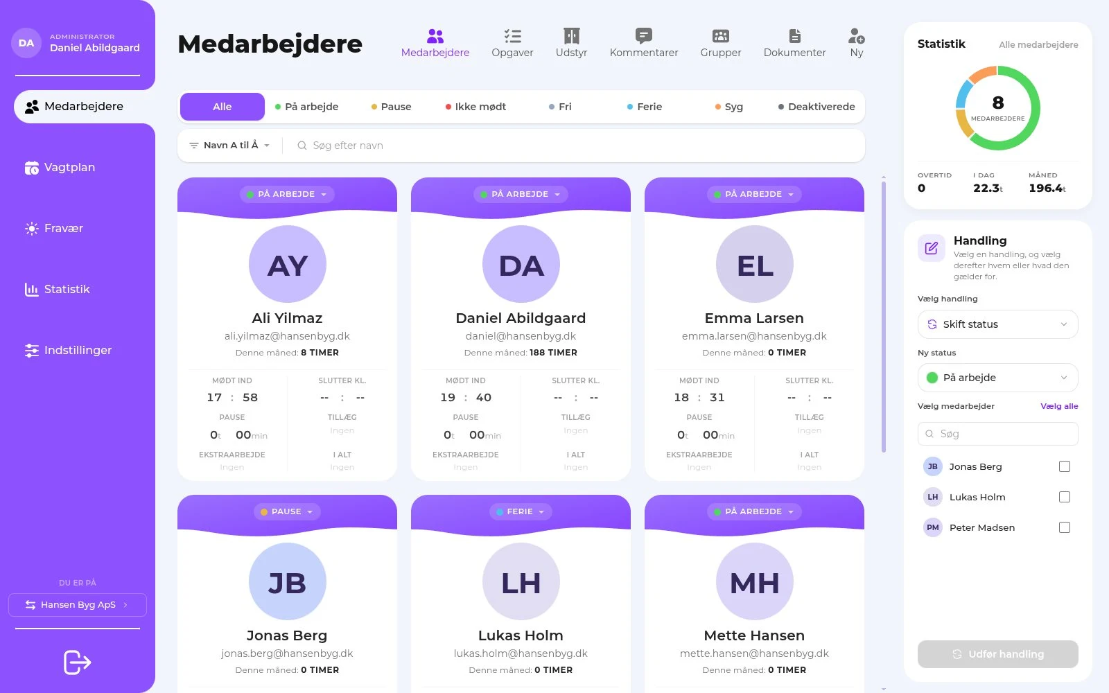 Medarbejderoversigten i Nexapad med holdets arbejdsstatus, ferie og fravær