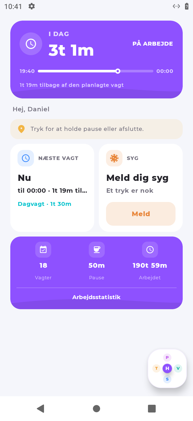 Nexapad på telefon med dagens timer, arbejdsstatus og ferieoversigt